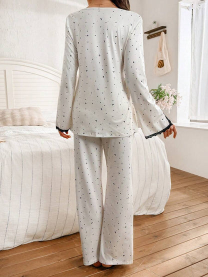 Maternity Sleepwear Set 2 Pack - Lace Patchwork Star Moon Print Top and Pants, Nursing Pajamas