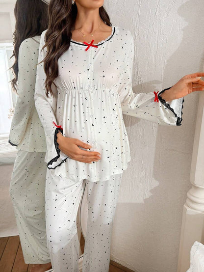 Maternity Sleepwear Set 2 Pack - Lace Patchwork Star Moon Print Top and Pants, Nursing Pajamas