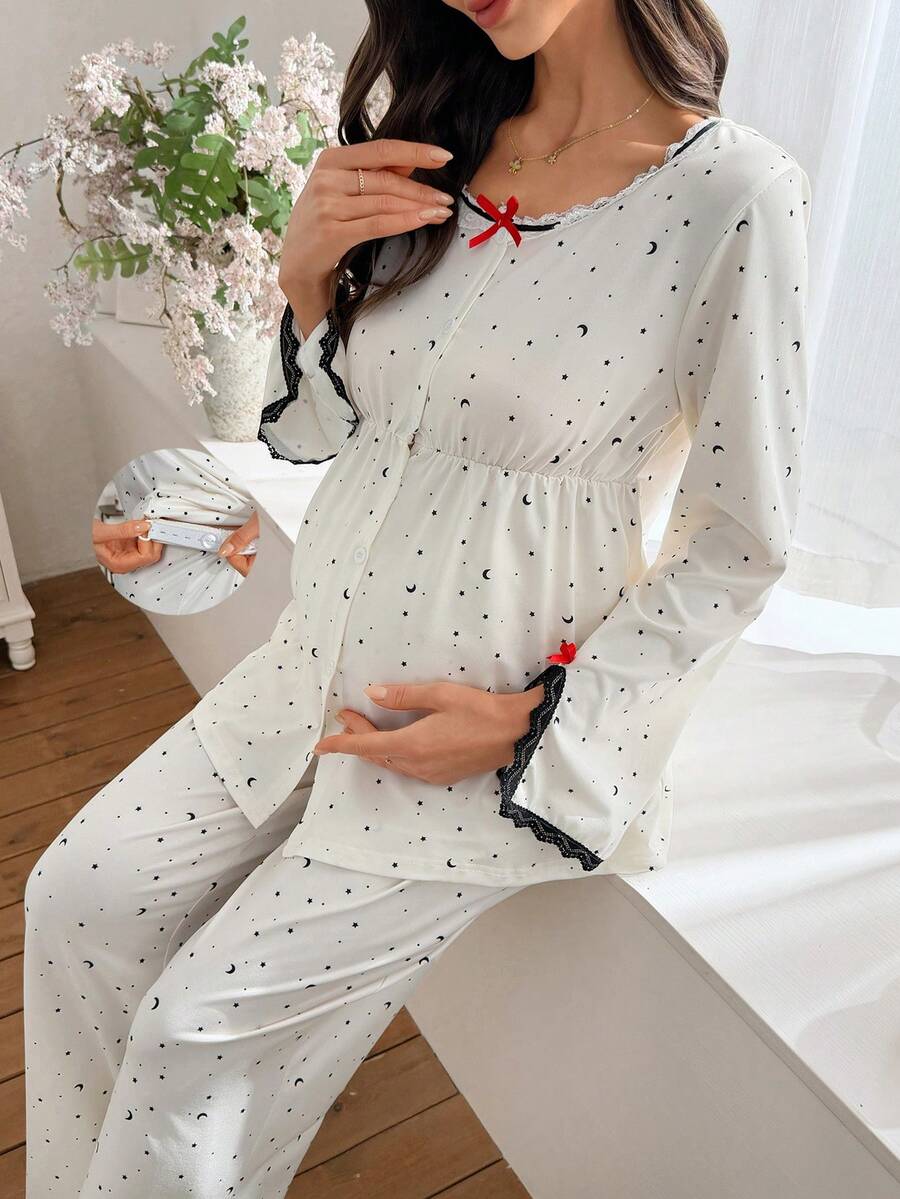 Maternity Sleepwear Set 2 Pack - Lace Patchwork Star Moon Print Top and Pants, Nursing Pajamas