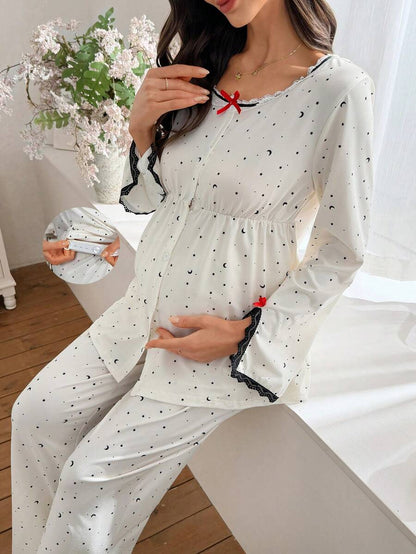 Maternity Sleepwear Set 2 Pack - Lace Patchwork Star Moon Print Top and Pants, Nursing Pajamas