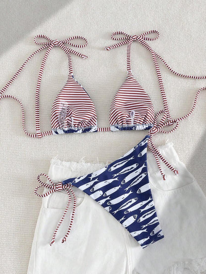 Womens Fashionable Sweet Shoulder Tie Side Bow Bikini Swimwear Removable Padded Two Piece Swimsuit Set