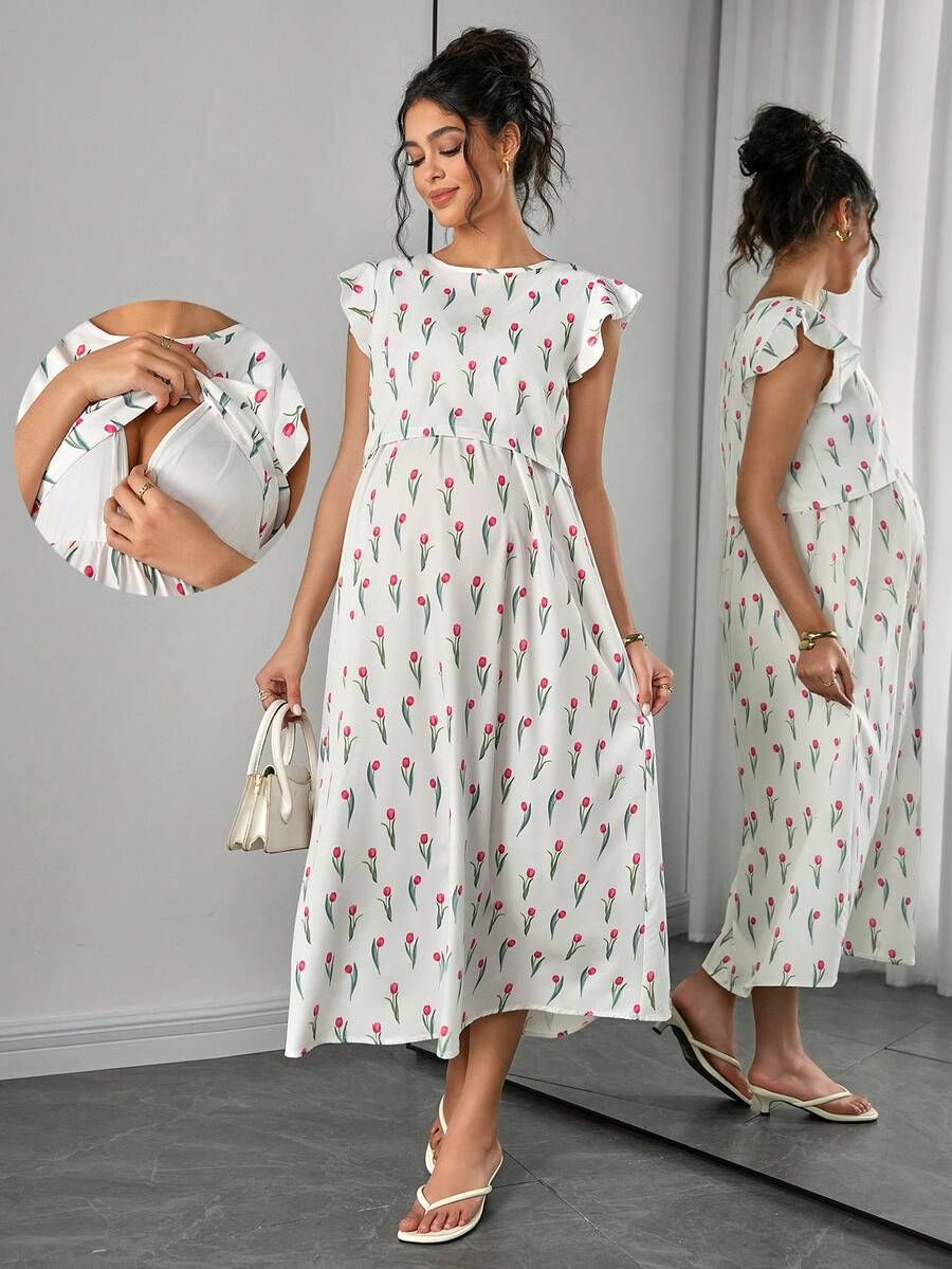 Maternity Floral Nursing Midi Dress - Round Neck, Flounce Shoulder, Flared Hem, Baby Pink