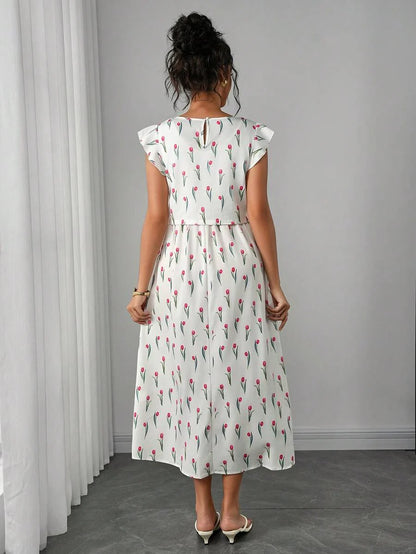 Maternity Floral Nursing Midi Dress - Round Neck, Flounce Shoulder, Flared Hem, Baby Pink