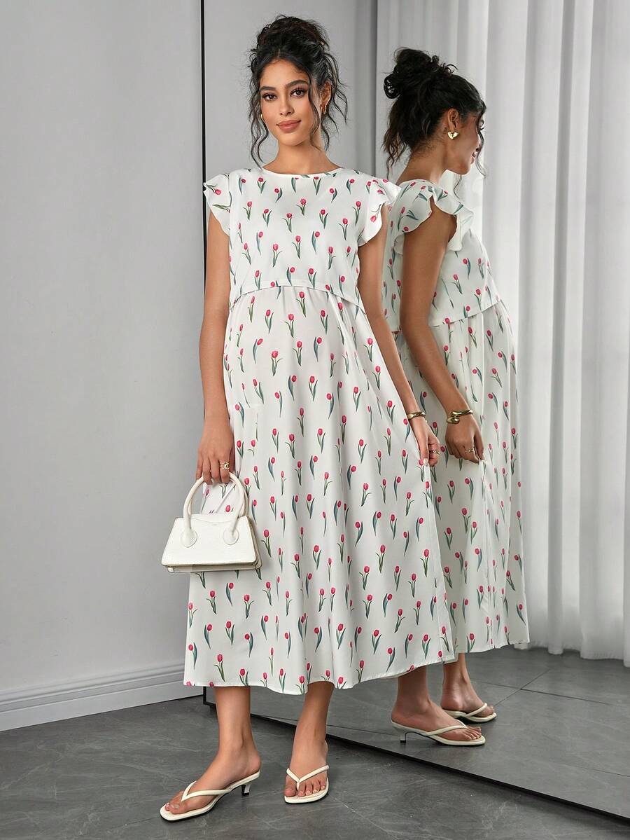 Maternity Floral Nursing Midi Dress - Round Neck, Flounce Shoulder, Flared Hem, Baby Pink