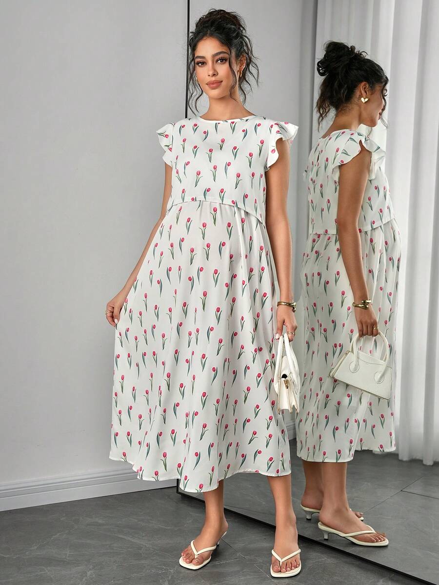 Maternity Floral Nursing Midi Dress - Round Neck, Flounce Shoulder, Flared Hem, Baby Pink