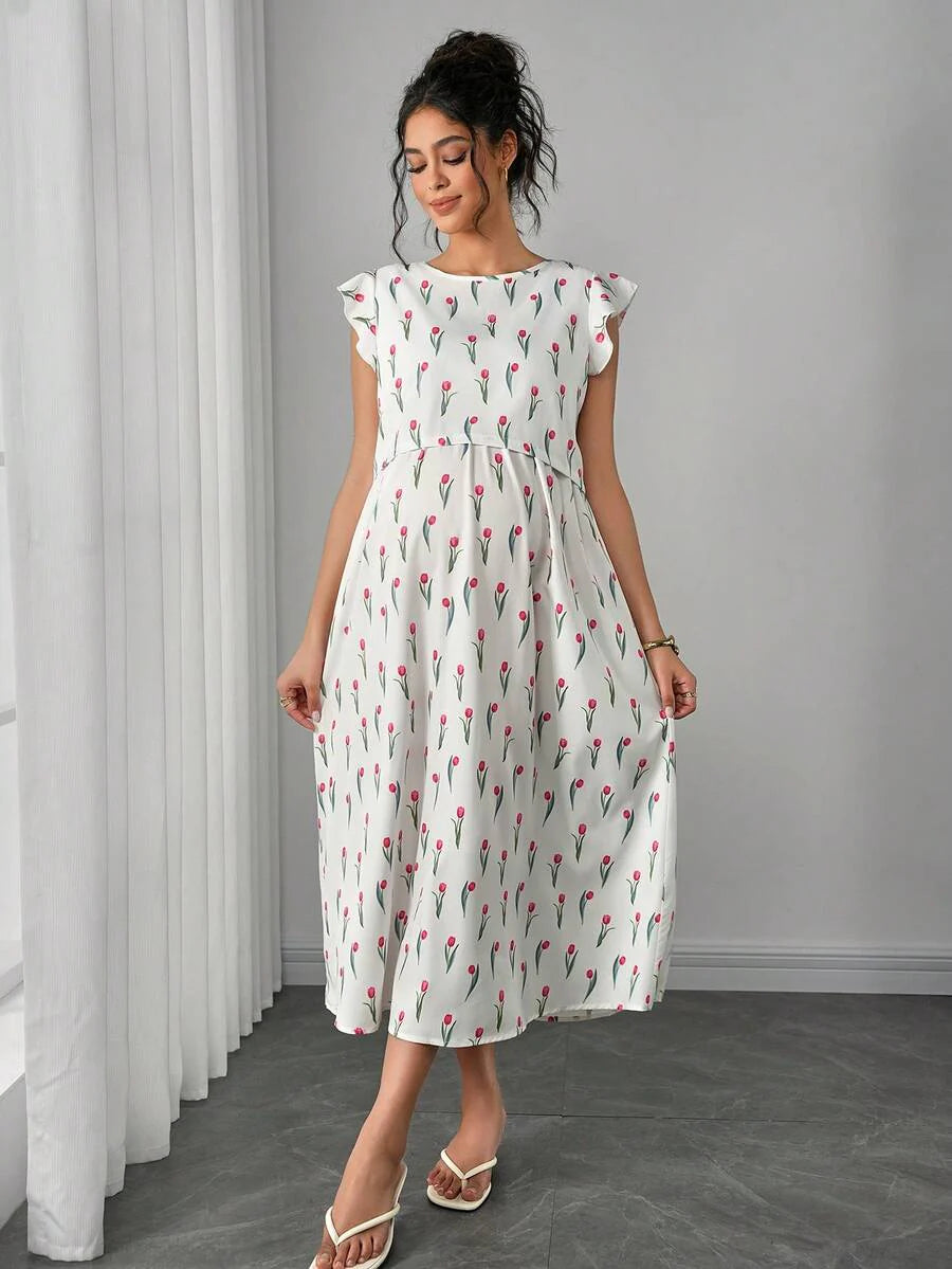 Maternity Floral Nursing Midi Dress - Round Neck, Flounce Shoulder, Flared Hem, Baby Pink