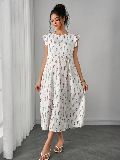Maternity Floral Nursing Midi Dress - Round Neck, Flounce Shoulder, Flared Hem, Baby Pink