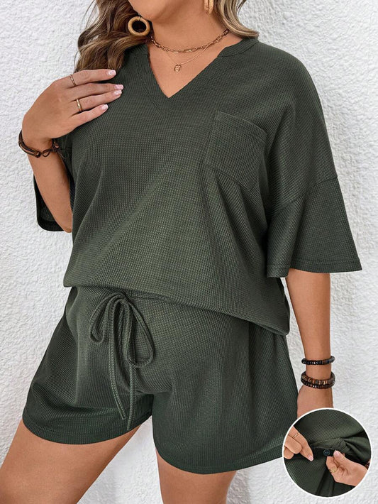 Plus Size Maternity 2-Piece Set - V Neck Top & Adjustable Waist Shorts, Pocket, Army Green