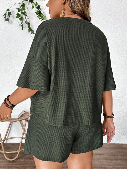 Plus Size Maternity 2-Piece Set - V Neck Top & Adjustable Waist Shorts, Pocket, Army Green