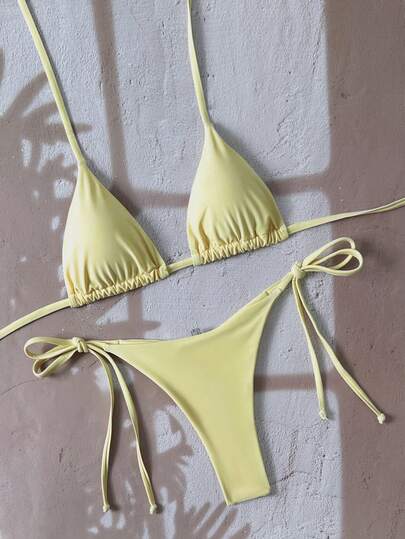 Swim Vcay Women's Solid Color Halter Tie Backless Sexy Thong Bikini Set Bikini Triangle Lemon Bikini Yellow Bathing Suits Light Yellow Bikini String Bikini Set