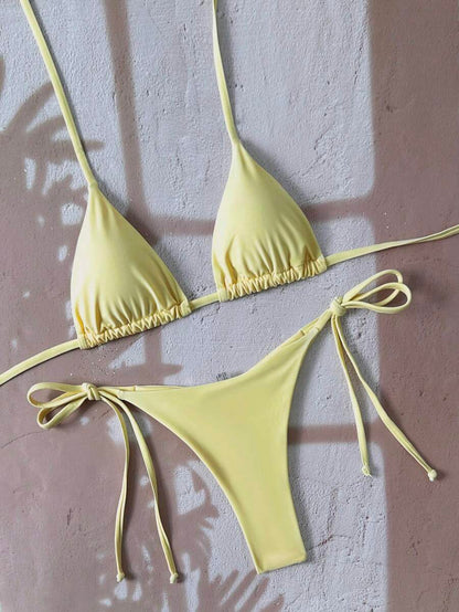 Swim Vcay Women's Solid Color Halter Tie Backless Sexy Thong Bikini Set Bikini Triangle Lemon Bikini Yellow Bathing Suits Light Yellow Bikini String Bikini Set