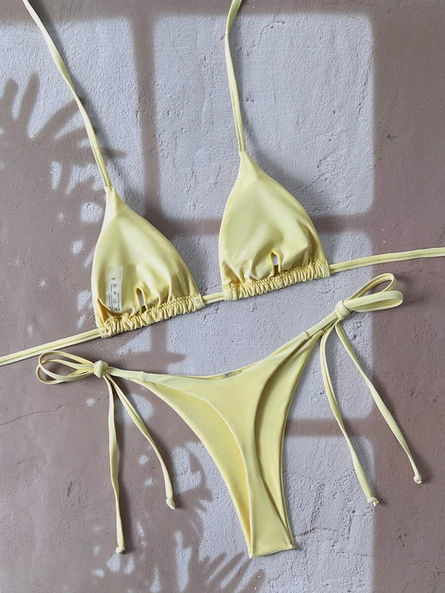 Swim Vcay Women's Solid Color Halter Tie Backless Sexy Thong Bikini Set Bikini Triangle Lemon Bikini Yellow Bathing Suits Light Yellow Bikini String Bikini Set
