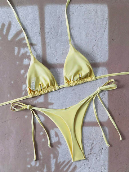 Swim Vcay Women's Solid Color Halter Tie Backless Sexy Thong Bikini Set Bikini Triangle Lemon Bikini Yellow Bathing Suits Light Yellow Bikini String Bikini Set