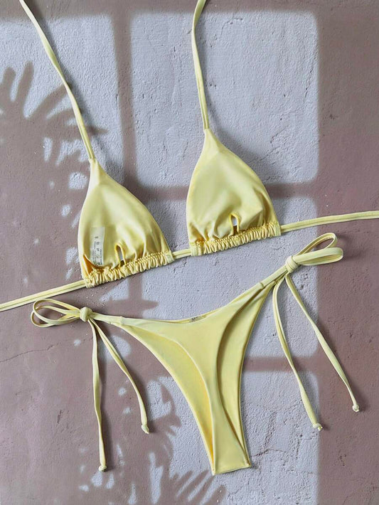 Swim Vcay Women's Solid Color Halter Tie Backless Sexy Thong Bikini Set Bikini Triangle Lemon Bikini Yellow Bathing Suits Light Yellow Bikini String Bikini Set