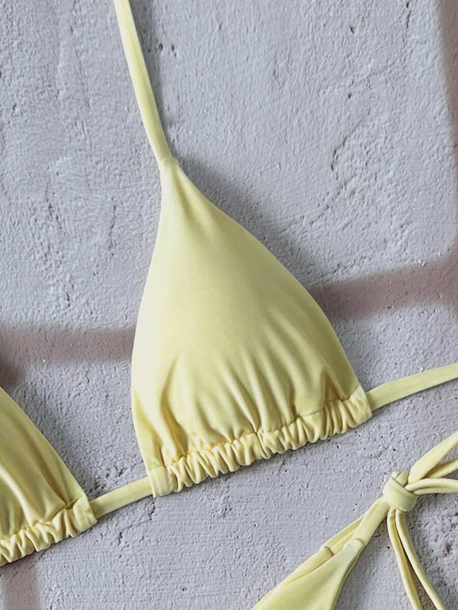 Swim Vcay Women's Solid Color Halter Tie Backless Sexy Thong Bikini Set Bikini Triangle Lemon Bikini Yellow Bathing Suits Light Yellow Bikini String Bikini Set