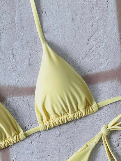 Swim Vcay Women's Solid Color Halter Tie Backless Sexy Thong Bikini Set Bikini Triangle Lemon Bikini Yellow Bathing Suits Light Yellow Bikini String Bikini Set