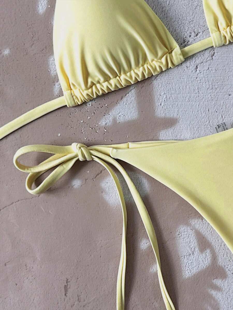 Swim Vcay Women's Solid Color Halter Tie Backless Sexy Thong Bikini Set Bikini Triangle Lemon Bikini Yellow Bathing Suits Light Yellow Bikini String Bikini Set