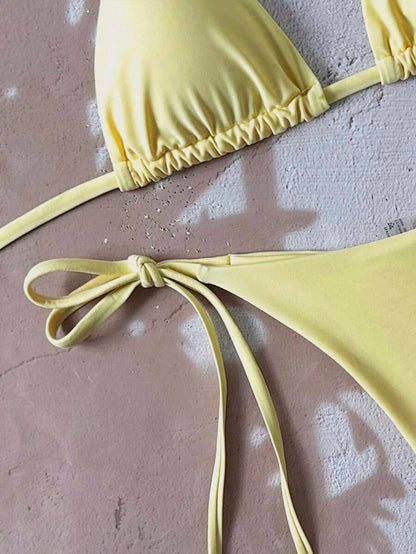 Swim Vcay Women's Solid Color Halter Tie Backless Sexy Thong Bikini Set Bikini Triangle Lemon Bikini Yellow Bathing Suits Light Yellow Bikini String Bikini Set