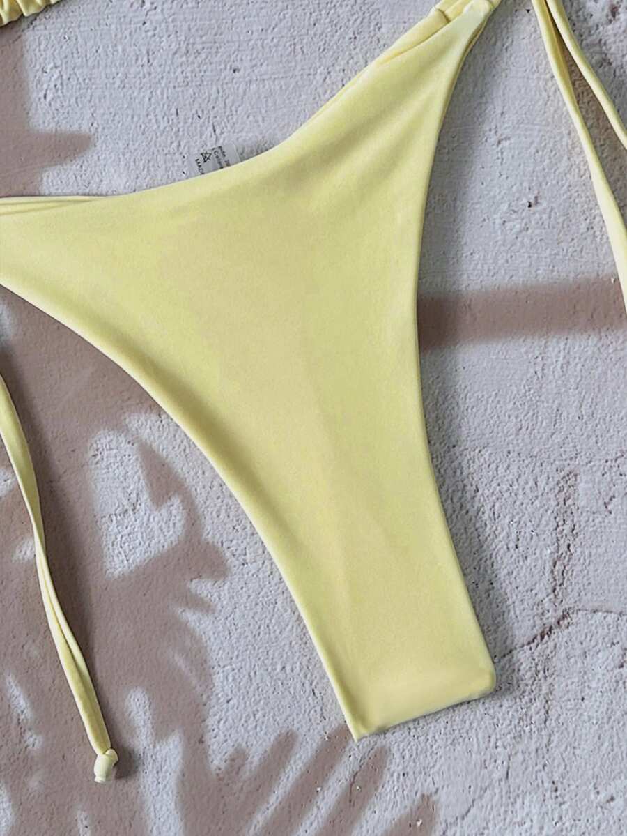 Swim Vcay Women's Solid Color Halter Tie Backless Sexy Thong Bikini Set Bikini Triangle Lemon Bikini Yellow Bathing Suits Light Yellow Bikini String Bikini Set