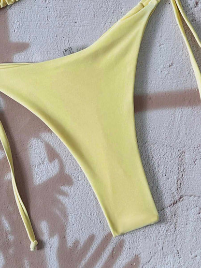 Swim Vcay Women's Solid Color Halter Tie Backless Sexy Thong Bikini Set Bikini Triangle Lemon Bikini Yellow Bathing Suits Light Yellow Bikini String Bikini Set