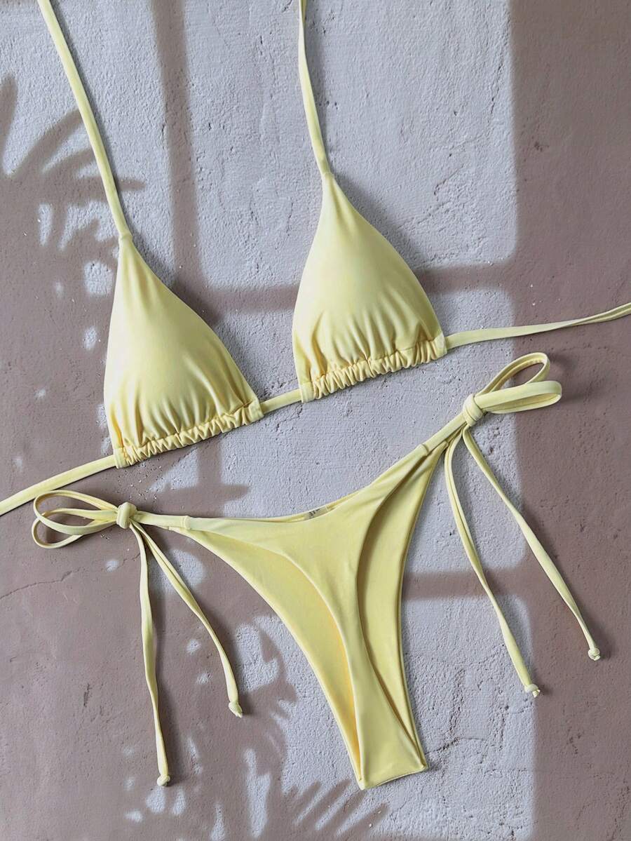 Swim Vcay Women's Solid Color Halter Tie Backless Sexy Thong Bikini Set Bikini Triangle Lemon Bikini Yellow Bathing Suits Light Yellow Bikini String Bikini Set