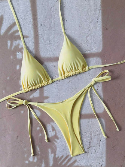 Swim Vcay Women's Solid Color Halter Tie Backless Sexy Thong Bikini Set Bikini Triangle Lemon Bikini Yellow Bathing Suits Light Yellow Bikini String Bikini Set