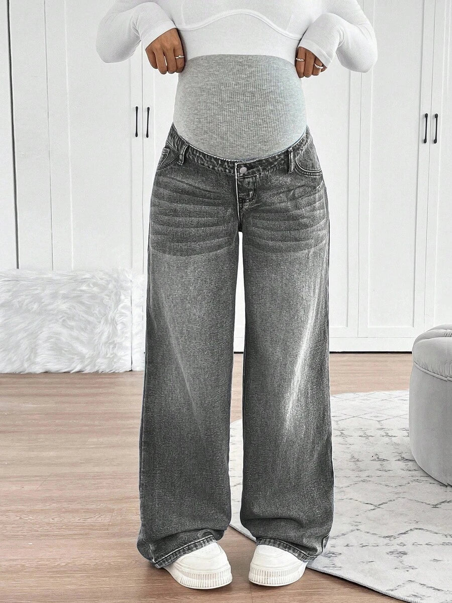 Maternity High Waist Washed Wide Leg Denim Jeans – Blue Patchwork Loose Fit Y2K Streetwear Pants for Daily Commute & Casual Chic