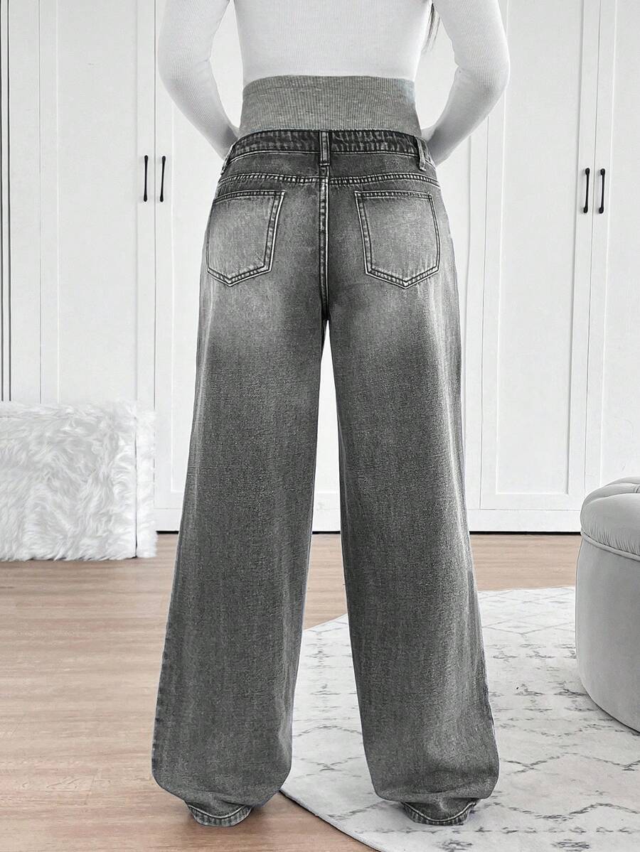 Maternity High Waist Washed Wide Leg Denim Jeans – Blue Patchwork Loose Fit Y2K Streetwear Pants for Daily Commute & Casual Chic