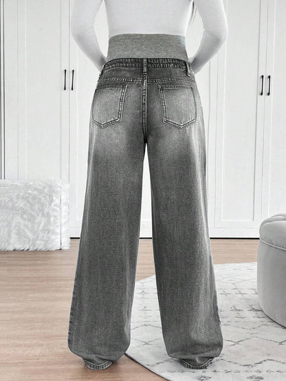Maternity High Waist Washed Wide Leg Denim Jeans – Blue Patchwork Loose Fit Y2K Streetwear Pants for Daily Commute & Casual Chic