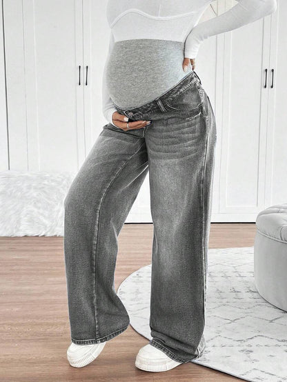 Maternity High Waist Washed Wide Leg Denim Jeans – Blue Patchwork Loose Fit Y2K Streetwear Pants for Daily Commute & Casual Chic