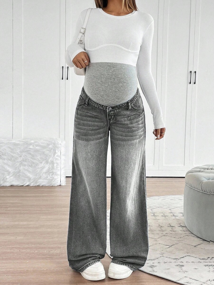 Maternity High Waist Washed Wide Leg Denim Jeans – Blue Patchwork Loose Fit Y2K Streetwear Pants for Daily Commute & Casual Chic