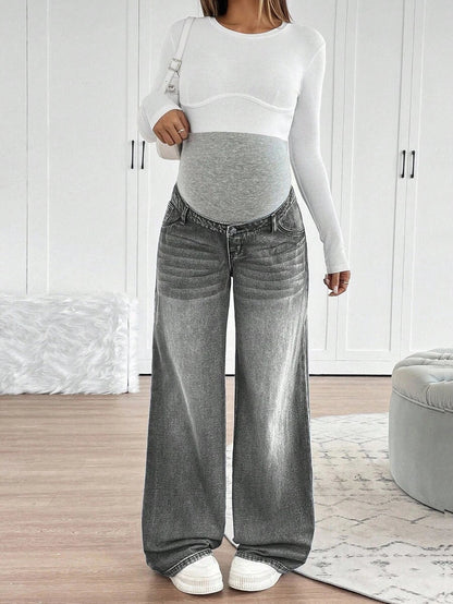 Maternity High Waist Washed Wide Leg Denim Jeans – Blue Patchwork Loose Fit Y2K Streetwear Pants for Daily Commute & Casual Chic