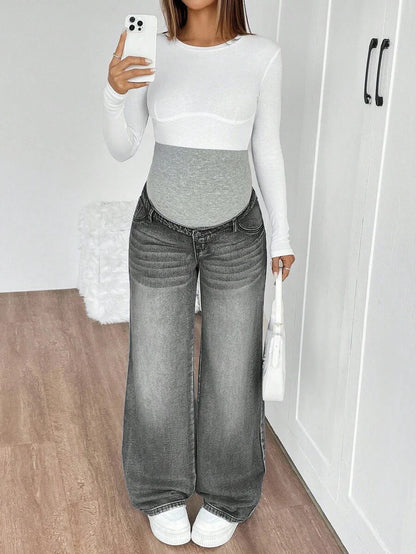 Maternity High Waist Washed Wide Leg Denim Jeans – Blue Patchwork Loose Fit Y2K Streetwear Pants for Daily Commute & Casual Chic
