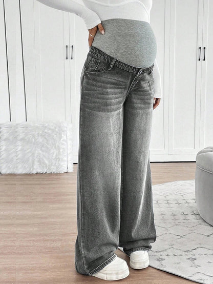 Maternity High Waist Washed Wide Leg Denim Jeans – Blue Patchwork Loose Fit Y2K Streetwear Pants for Daily Commute & Casual Chic