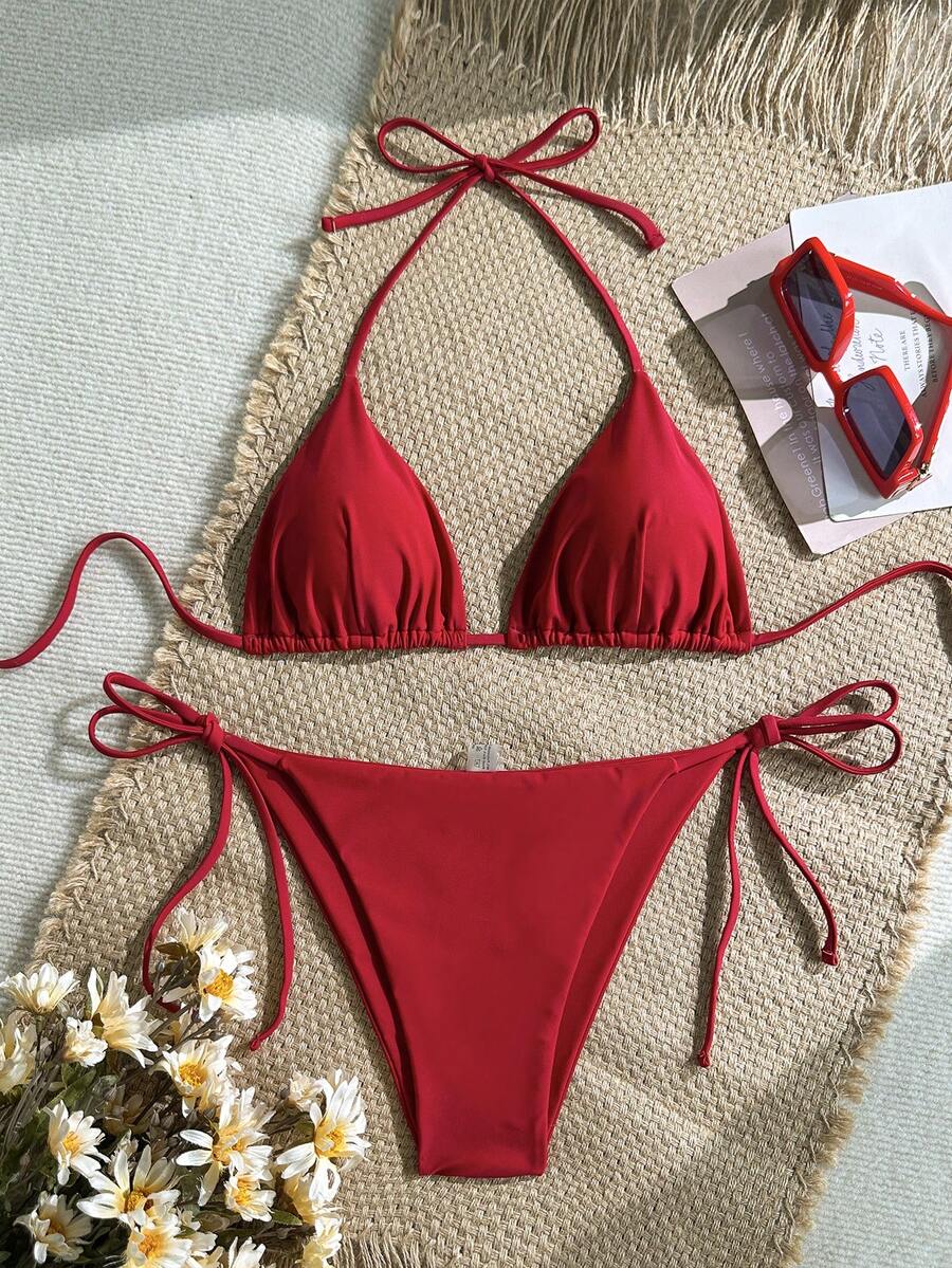 Women's Solid Halter Bikini Set - Knot Detail, Tie Side, Triangle Cup, Navy Blue