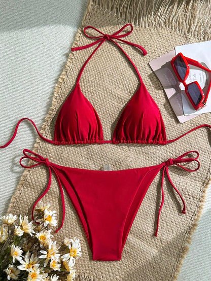 Women's Solid Halter Bikini Set - Knot Detail, Tie Side, Triangle Cup, Navy Blue