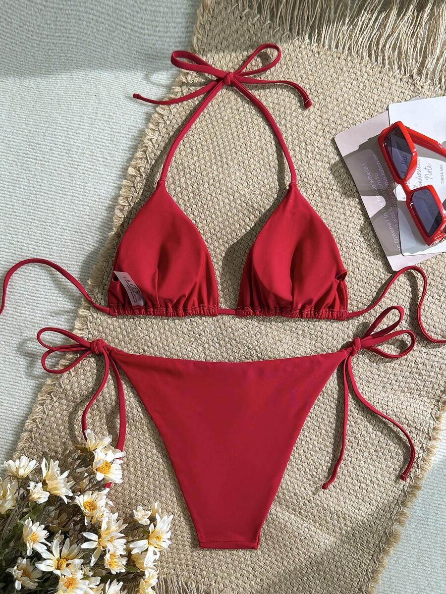 Women's Solid Halter Bikini Set - Knot Detail, Tie Side, Triangle Cup, Navy Blue