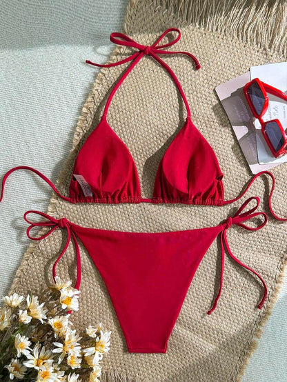 Women's Solid Halter Bikini Set - Knot Detail, Tie Side, Triangle Cup, Navy Blue