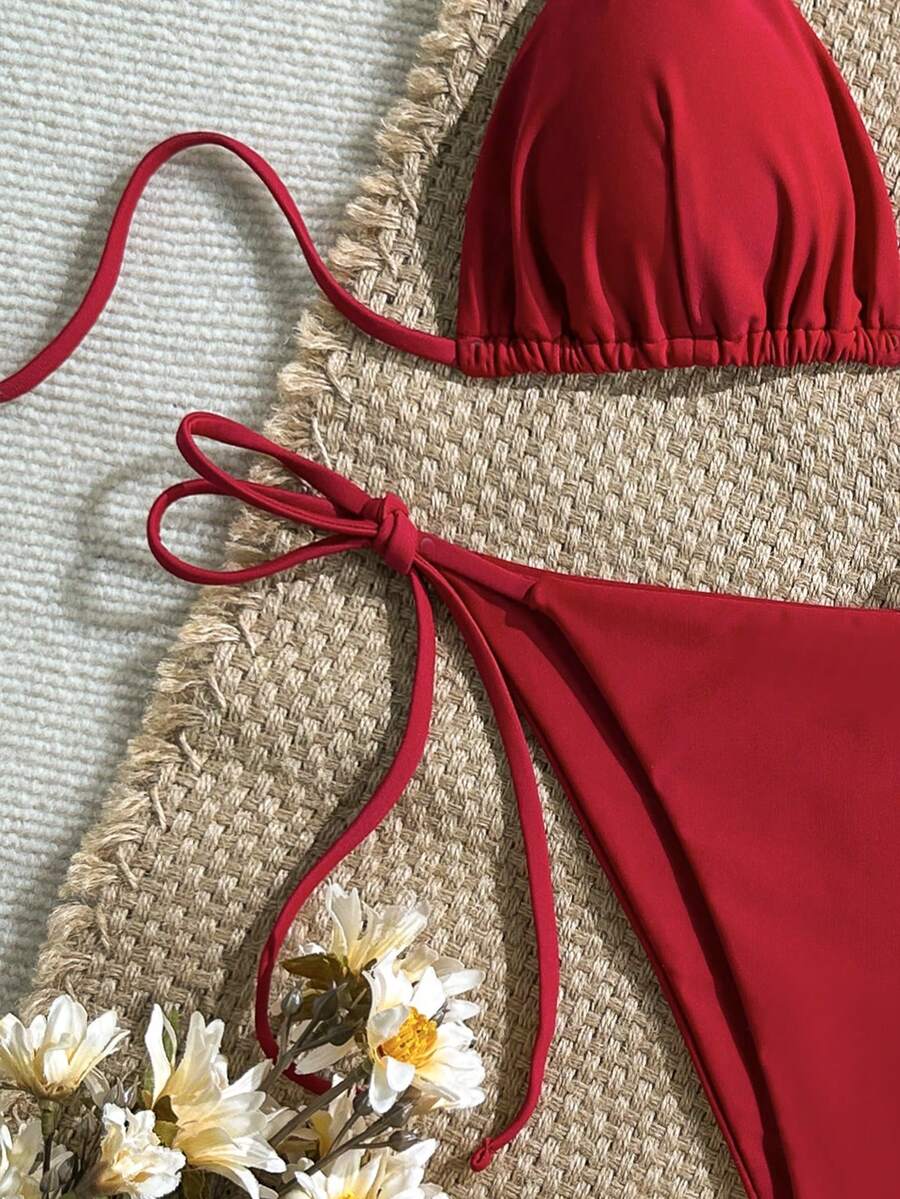 Women's Solid Halter Bikini Set - Knot Detail, Tie Side, Triangle Cup, Navy Blue