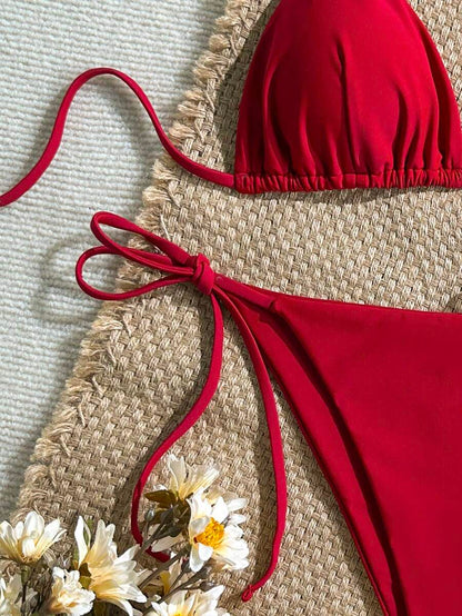 Women's Solid Halter Bikini Set - Knot Detail, Tie Side, Triangle Cup, Navy Blue