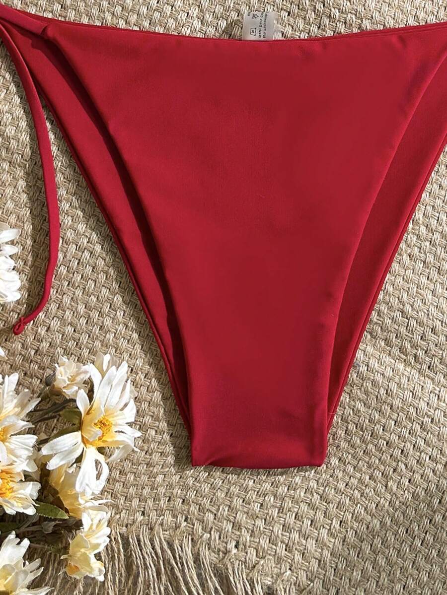Women's Solid Halter Bikini Set - Knot Detail, Tie Side, Triangle Cup, Navy Blue