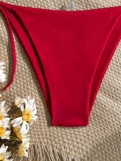 Women's Solid Halter Bikini Set - Knot Detail, Tie Side, Triangle Cup, Navy Blue
