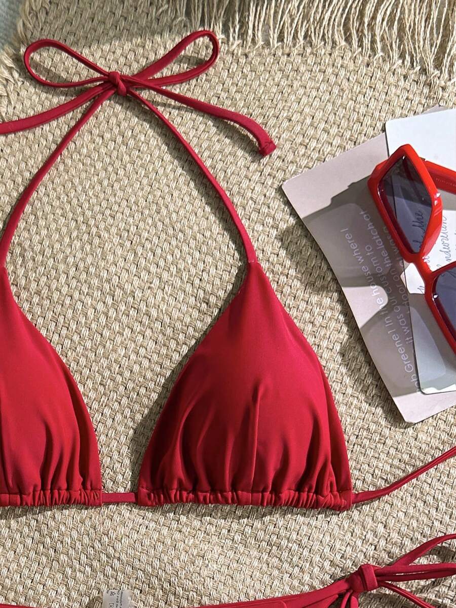 Women's Solid Halter Bikini Set - Knot Detail, Tie Side, Triangle Cup, Navy Blue