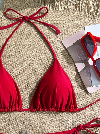 Women's Solid Halter Bikini Set - Knot Detail, Tie Side, Triangle Cup, Navy Blue