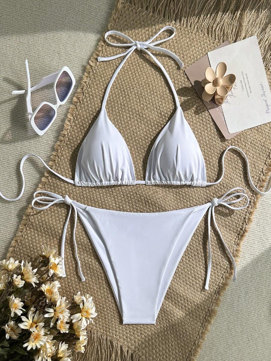Women's Solid Halter Bikini Set - Knot Detail, Tie Side, Triangle Cup, Navy Blue