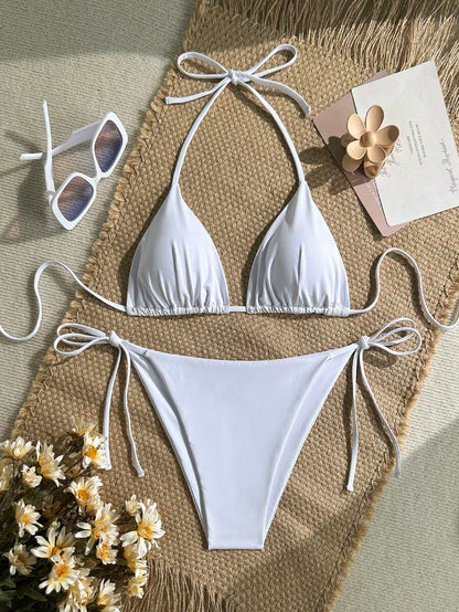 Women's Solid Halter Bikini Set - Knot Detail, Tie Side, Triangle Cup, Navy Blue