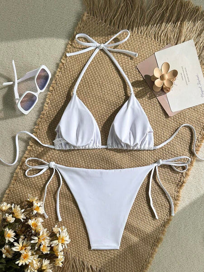 Women's Solid Halter Bikini Set - Knot Detail, Tie Side, Triangle Cup, Navy Blue