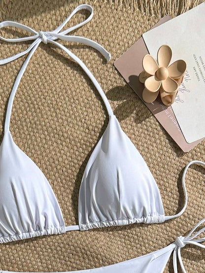 Women's Solid Halter Bikini Set - Knot Detail, Tie Side, Triangle Cup, Navy Blue