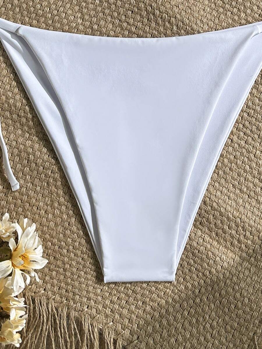 Women's Solid Halter Bikini Set - Knot Detail, Tie Side, Triangle Cup, Navy Blue
