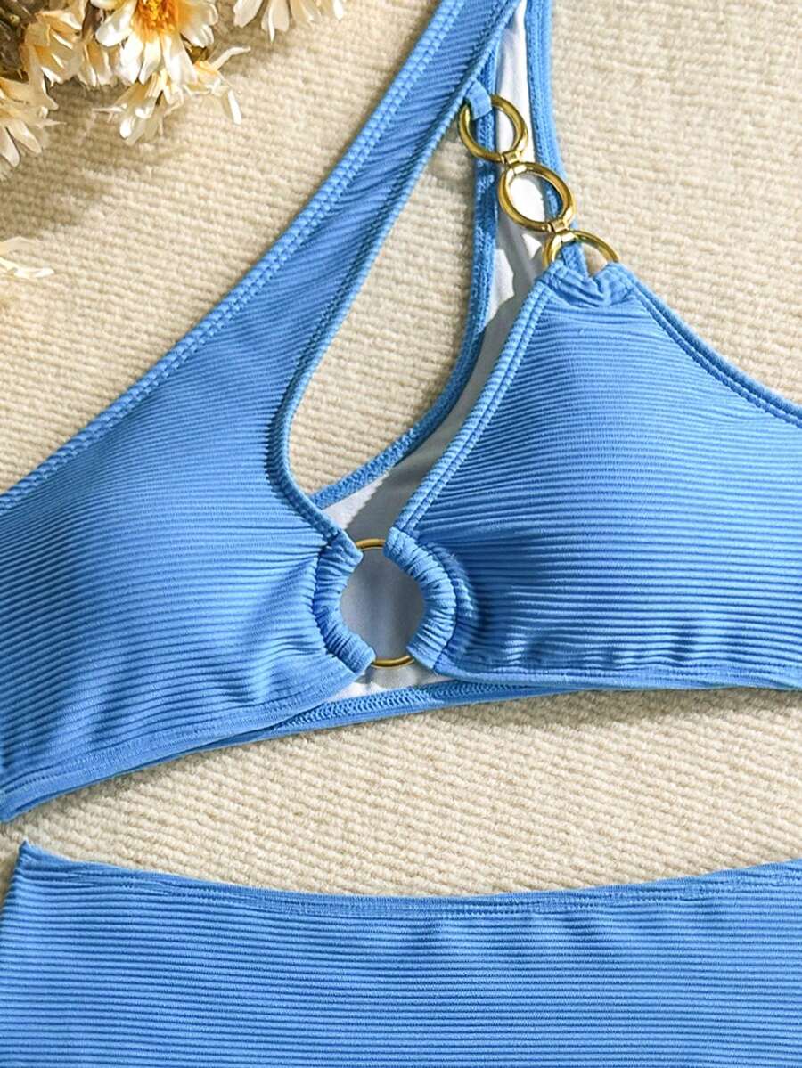 Women's Hollow-Out Monokini Bikini Set - One Shoulder, Chain Link, Asymmetrical Neck, Black